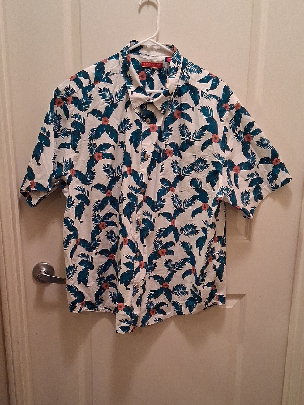 Short-Sleeve Tropical Button-Down Shirt - White & Teal